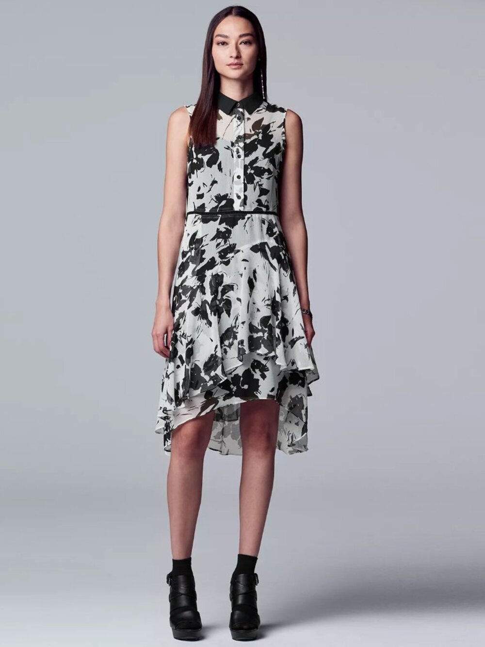 Simply Vera Vera Wang Floral High-Low Chiffon Dress Black White